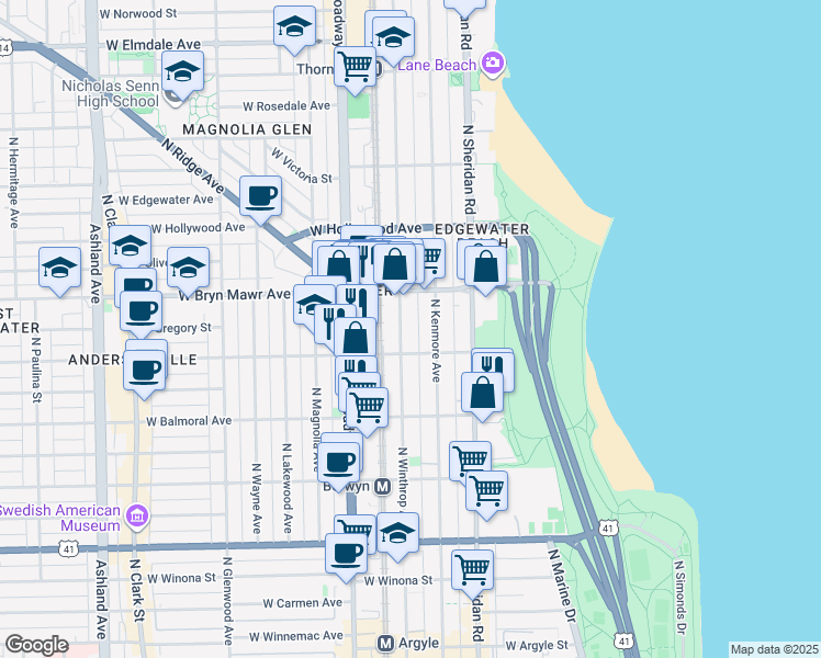 map of restaurants, bars, coffee shops, grocery stores, and more near 5525 North Winthrop Avenue in Chicago