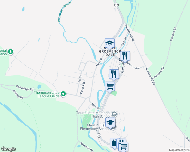 map of restaurants, bars, coffee shops, grocery stores, and more near 65 Main Street in Thompson