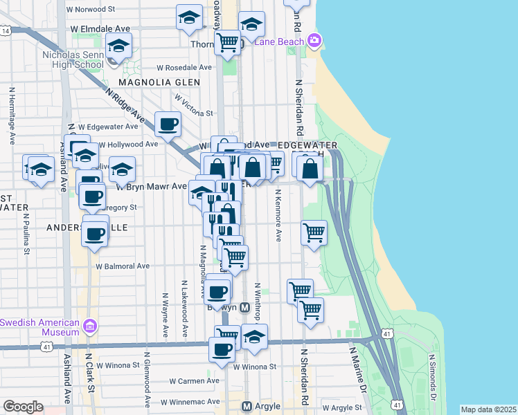 map of restaurants, bars, coffee shops, grocery stores, and more near 5500 North Winthrop Avenue in Chicago