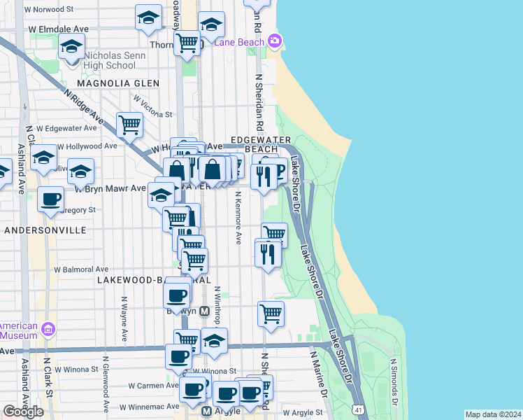 map of restaurants, bars, coffee shops, grocery stores, and more near 5500 North Sheridan Road in Chicago