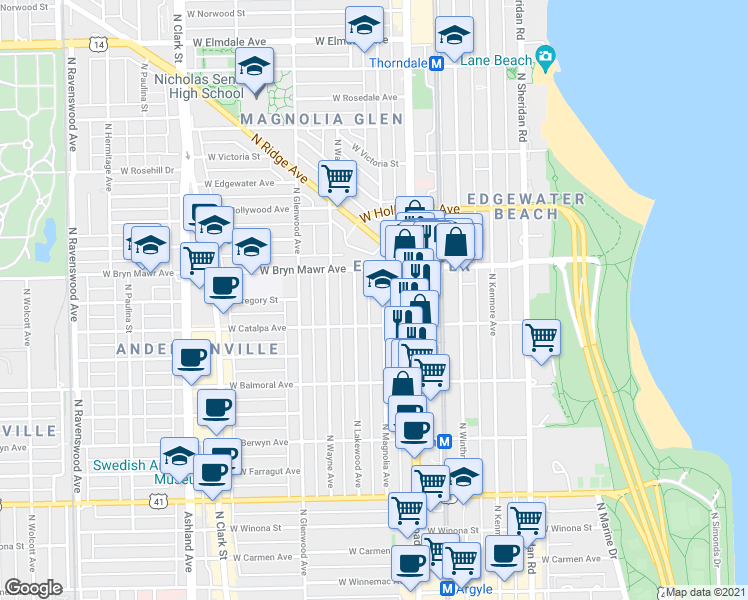 map of restaurants, bars, coffee shops, grocery stores, and more near 5502 North Magnolia Avenue in Chicago