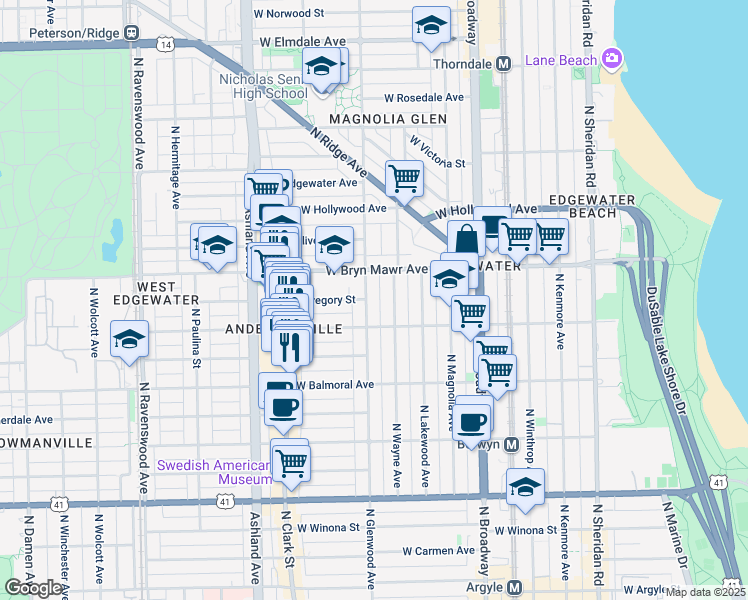map of restaurants, bars, coffee shops, grocery stores, and more near 5507 North Glenwood Avenue in Chicago