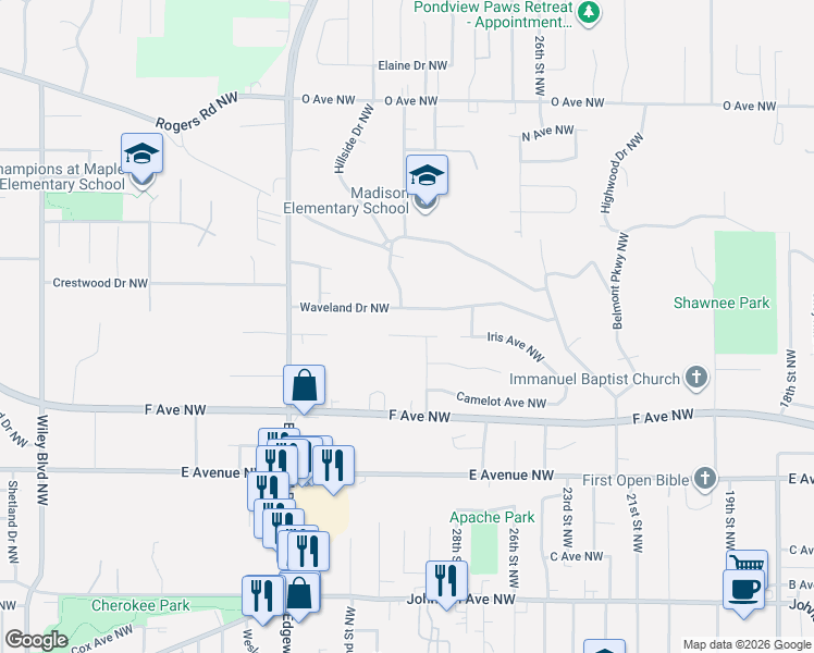 map of restaurants, bars, coffee shops, grocery stores, and more near 2917 Iris Ave NW in Cedar Rapids