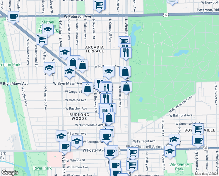 map of restaurants, bars, coffee shops, grocery stores, and more near 5519 North Campbell Avenue in Chicago