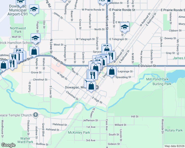 map of restaurants, bars, coffee shops, grocery stores, and more near 213 Pennsylvania Avenue in Dowagiac