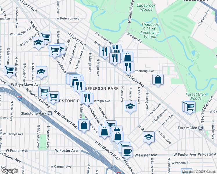 map of restaurants, bars, coffee shops, grocery stores, and more near 5529 North Parkside Avenue in Chicago