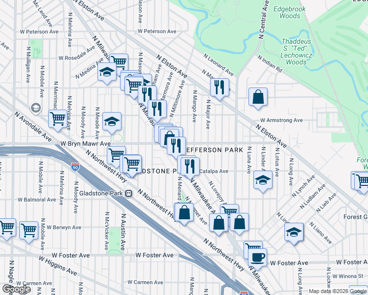 map of restaurants, bars, coffee shops, grocery stores, and more near 5533 North Menard Avenue in Chicago