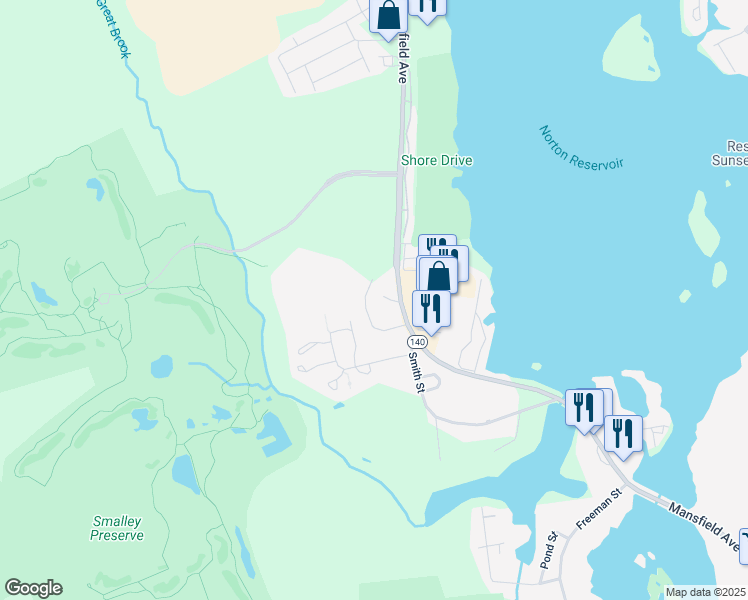 map of restaurants, bars, coffee shops, grocery stores, and more near 190 Mansfield Avenue in Norton