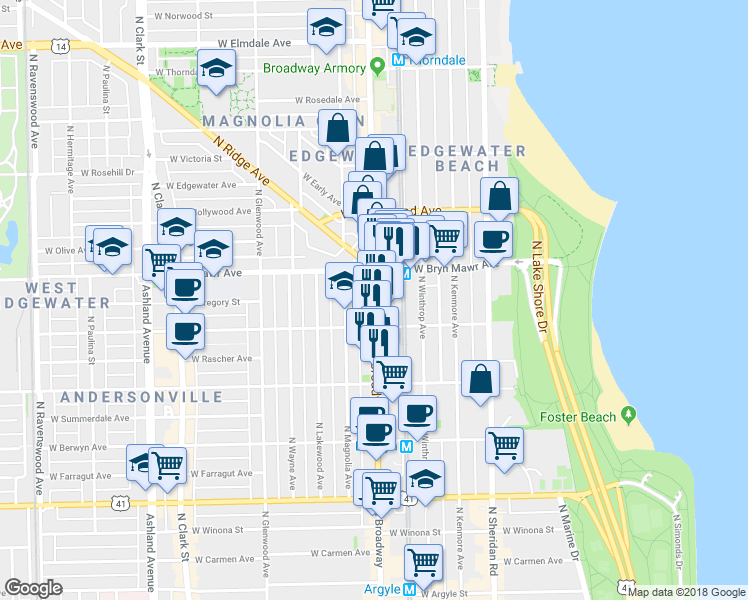 map of restaurants, bars, coffee shops, grocery stores, and more near 5526 North Broadway Street in Chicago