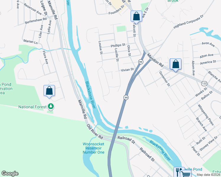map of restaurants, bars, coffee shops, grocery stores, and more near 519 Lucille Street in Woonsocket