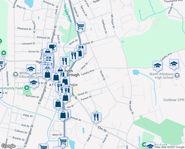 map of restaurants, bars, coffee shops, grocery stores, and more near 870 Landry Avenue in North Attleborough