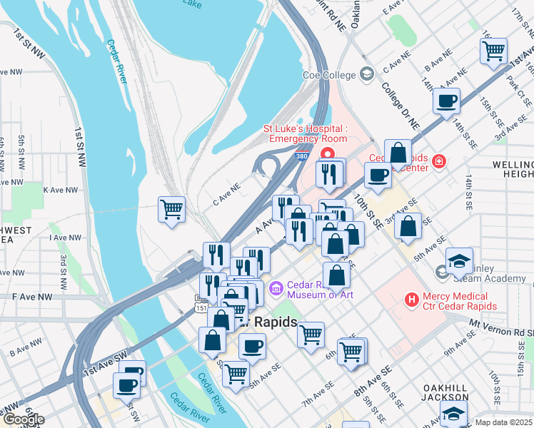 map of restaurants, bars, coffee shops, grocery stores, and more near 616 A Avenue Northeast in Cedar Rapids