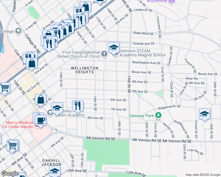 map of restaurants, bars, coffee shops, grocery stores, and more near 1733 5th Avenue Southeast in Cedar Rapids