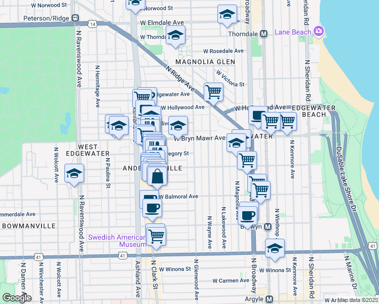 map of restaurants, bars, coffee shops, grocery stores, and more near 1426 West Catalpa Avenue in Chicago