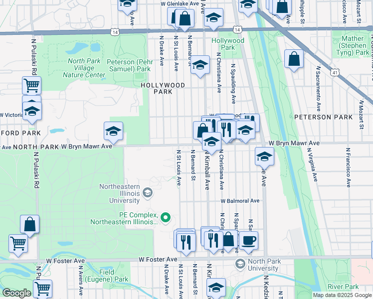 map of restaurants, bars, coffee shops, grocery stores, and more near 5524 North Bernard Street in Chicago