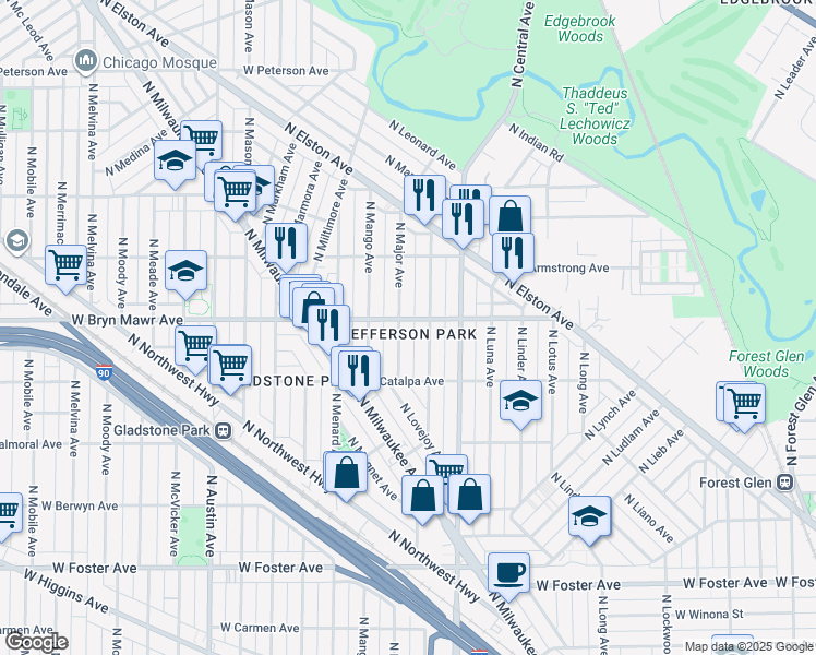 map of restaurants, bars, coffee shops, grocery stores, and more near in Chicago