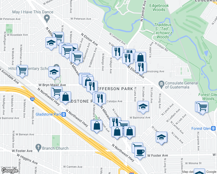 map of restaurants, bars, coffee shops, grocery stores, and more near in Chicago