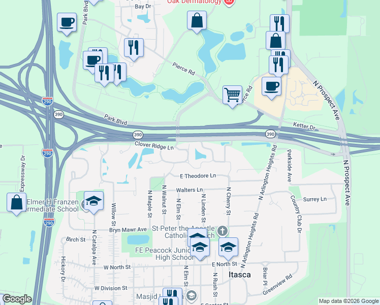 map of restaurants, bars, coffee shops, grocery stores, and more near 352 East Haver Hill Court in Itasca