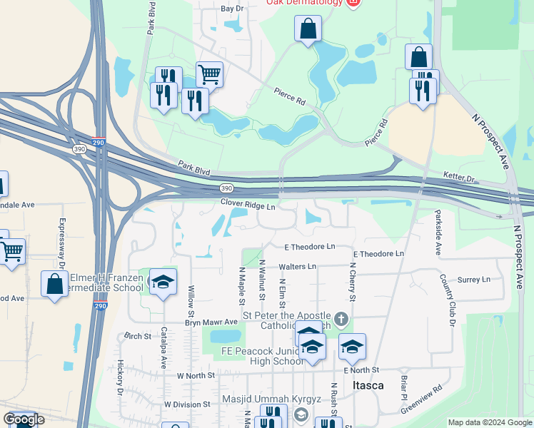 map of restaurants, bars, coffee shops, grocery stores, and more near 262 Wildspring Court in Itasca
