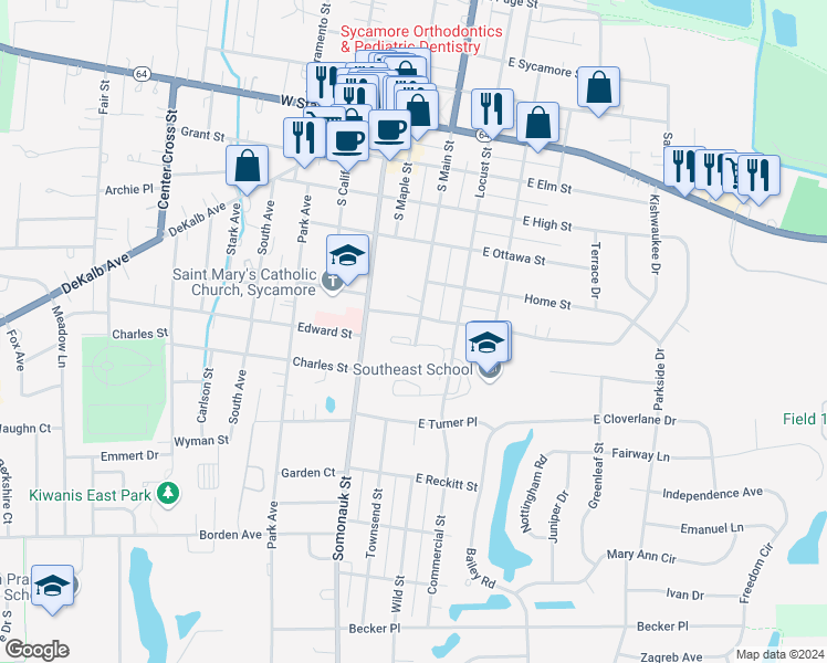 map of restaurants, bars, coffee shops, grocery stores, and more near 711 South Main Street in Sycamore
