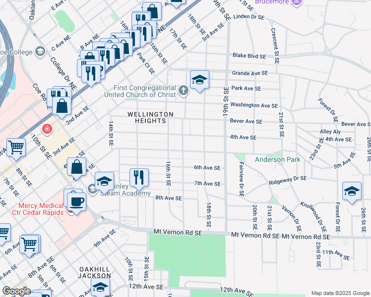 map of restaurants, bars, coffee shops, grocery stores, and more near 515 17th Street Southeast in Cedar Rapids