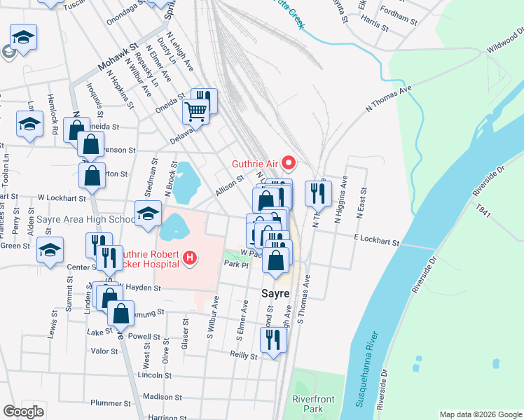 map of restaurants, bars, coffee shops, grocery stores, and more near 198 Cross St in Sayre