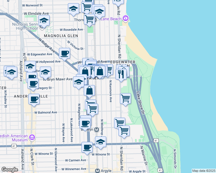 map of restaurants, bars, coffee shops, grocery stores, and more near 1039 West Bryn Mawr Avenue in Chicago