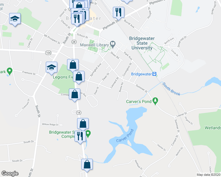 map of restaurants, bars, coffee shops, grocery stores, and more near 73 Leonard Street in Bridgewater