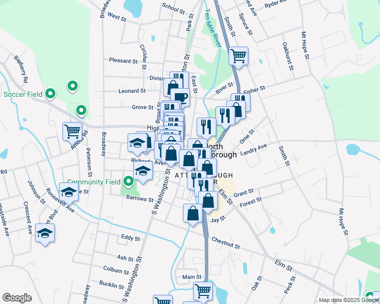 map of restaurants, bars, coffee shops, grocery stores, and more near 104 East Street in North Attleborough