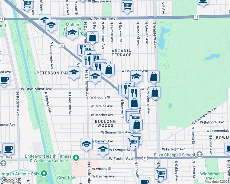 map of restaurants, bars, coffee shops, grocery stores, and more near 5600 North Lincoln Avenue in Chicago