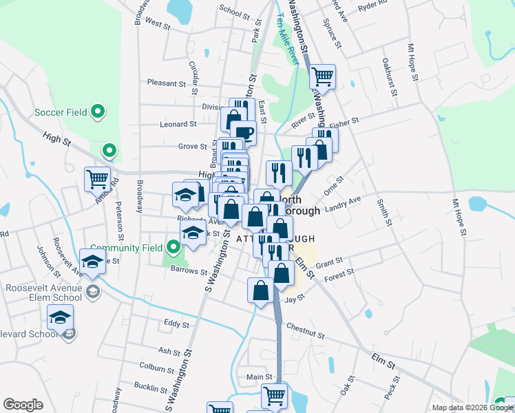 map of restaurants, bars, coffee shops, grocery stores, and more near 104 East Street in North Attleborough
