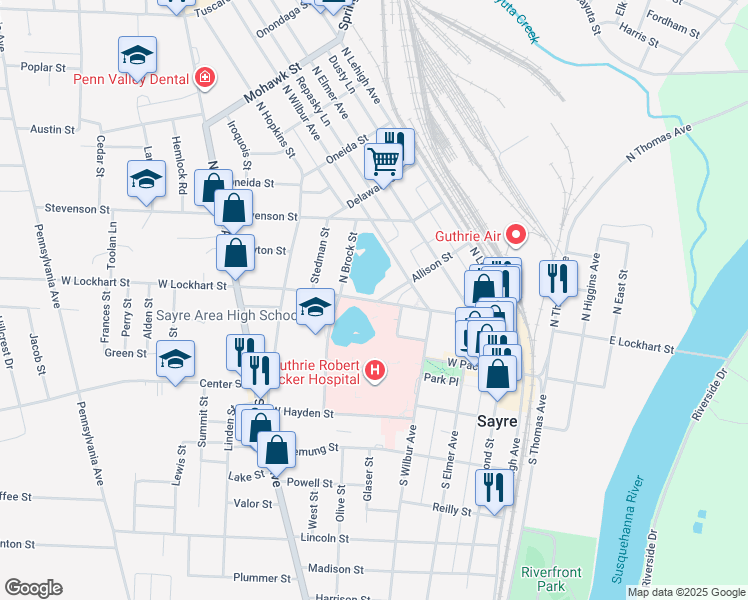 map of restaurants, bars, coffee shops, grocery stores, and more near 312 Allison Street in Sayre