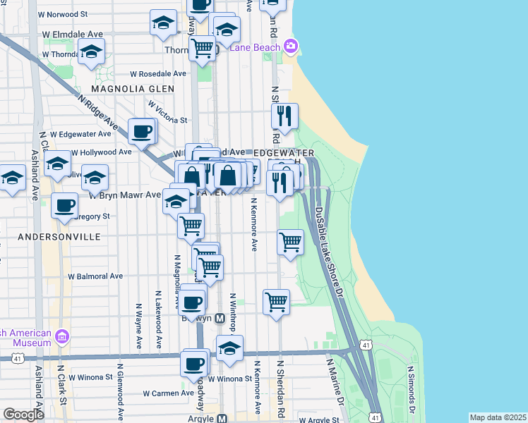 map of restaurants, bars, coffee shops, grocery stores, and more near 5556 North Sheridan Road in Chicago