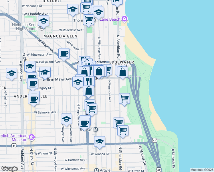 map of restaurants, bars, coffee shops, grocery stores, and more near 1039 West Bryn Mawr Avenue in Chicago