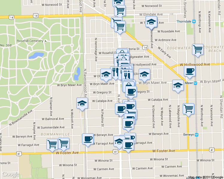 map of restaurants, bars, coffee shops, grocery stores, and more near 1619 West Bryn Mawr Avenue in Chicago