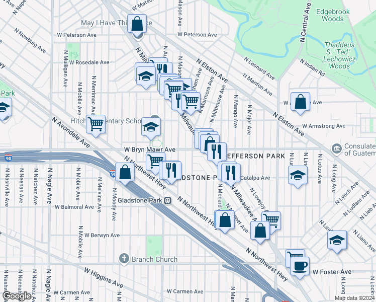 map of restaurants, bars, coffee shops, grocery stores, and more near 5618 North Milwaukee Avenue in Chicago