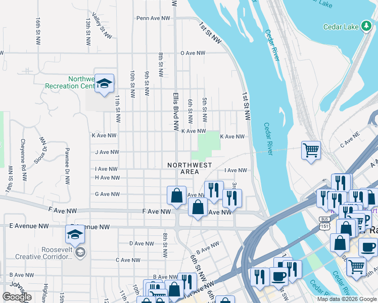 map of restaurants, bars, coffee shops, grocery stores, and more near 1123 Ellis Boulevard Northwest in Cedar Rapids