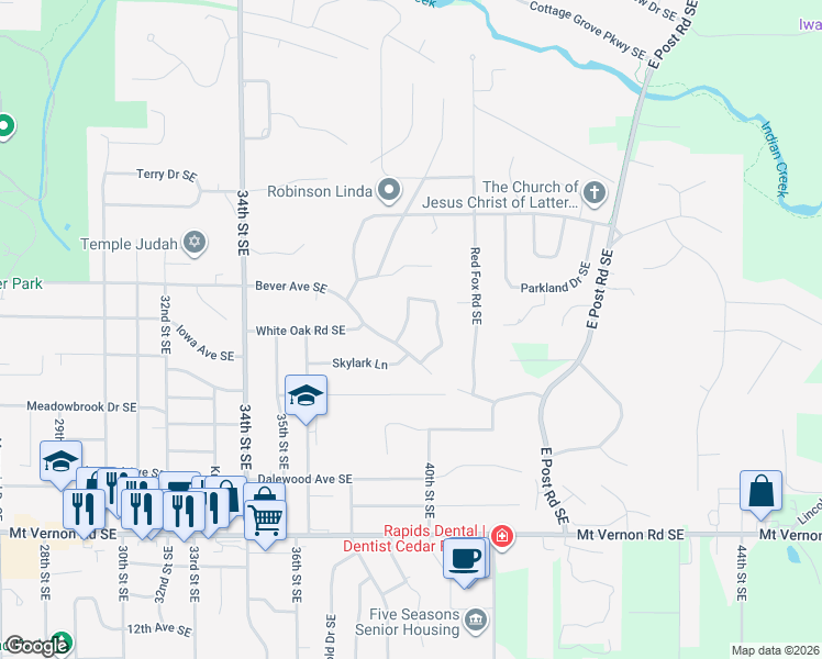map of restaurants, bars, coffee shops, grocery stores, and more near 3842 Lost Valley Road Southeast in Cedar Rapids