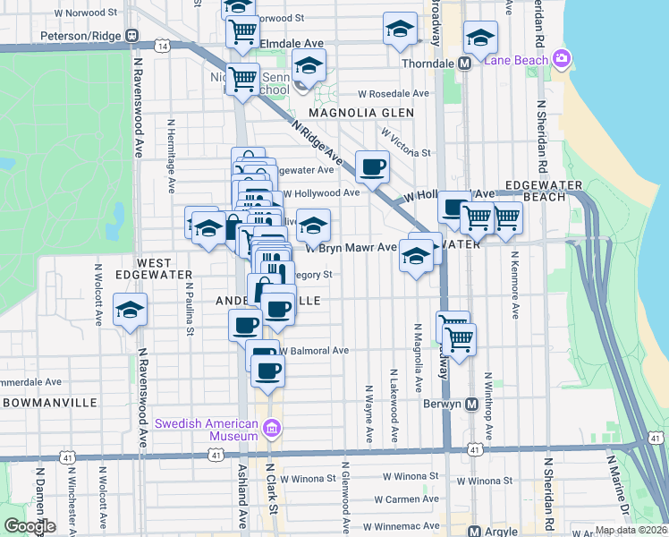 map of restaurants, bars, coffee shops, grocery stores, and more near 5536 North Glenwood Avenue in Chicago