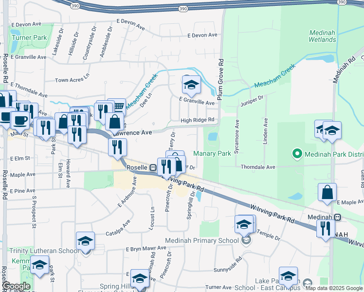 map of restaurants, bars, coffee shops, grocery stores, and more near 646 Terry Court in Roselle