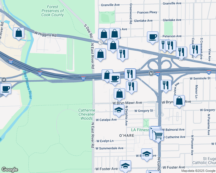 map of restaurants, bars, coffee shops, grocery stores, and more near 8750 West Bryn Mawr Avenue in Chicago