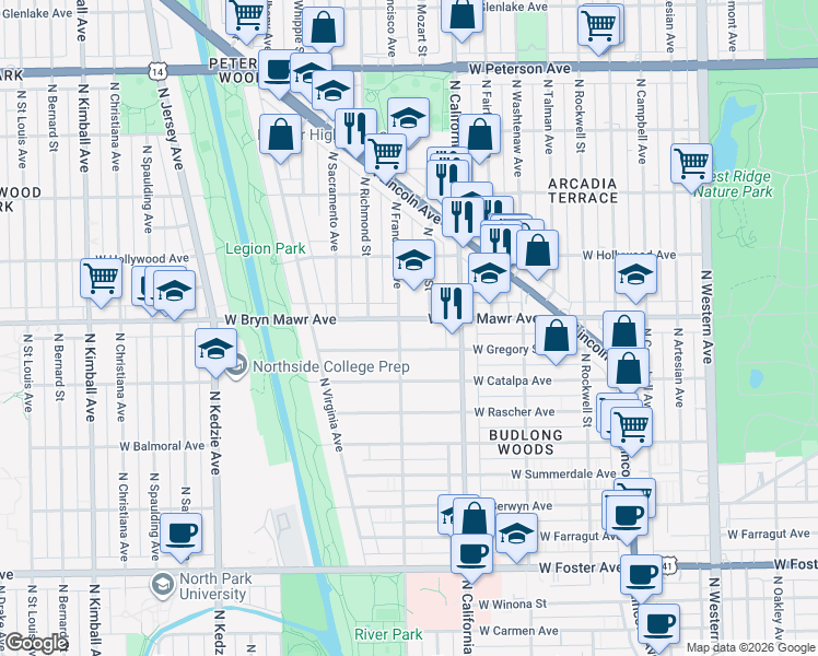 map of restaurants, bars, coffee shops, grocery stores, and more near in Chicago