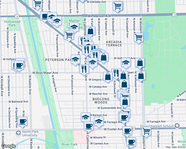map of restaurants, bars, coffee shops, grocery stores, and more near 2716 West Bryn Mawr Avenue in Chicago
