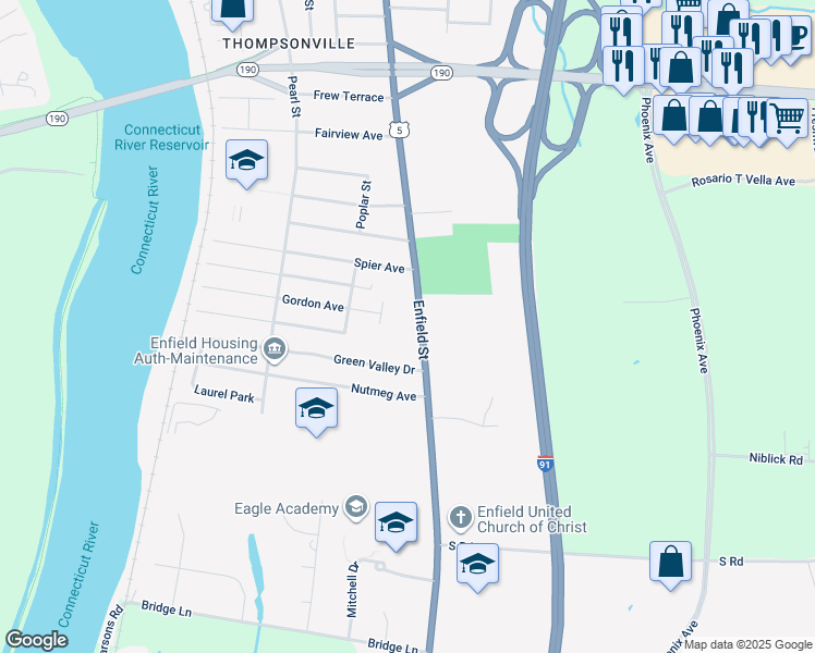map of restaurants, bars, coffee shops, grocery stores, and more near 1212 Enfield Street in Enfield
