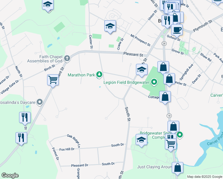 map of restaurants, bars, coffee shops, grocery stores, and more near 126 Crescent Street in Bridgewater