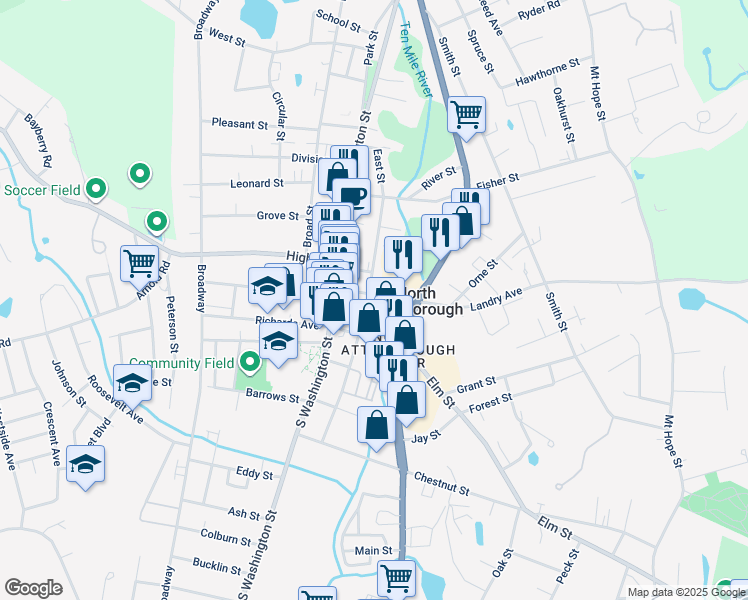 map of restaurants, bars, coffee shops, grocery stores, and more near 104 East Street in North Attleborough