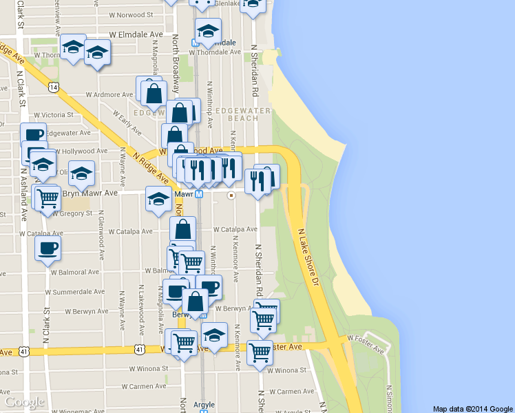 map of restaurants, bars, coffee shops, grocery stores, and more near 5556 North Sheridan Road in Chicago