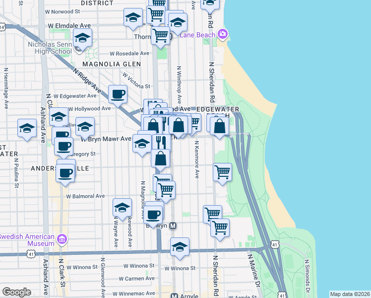 map of restaurants, bars, coffee shops, grocery stores, and more near 1039 West Bryn Mawr Avenue in Chicago