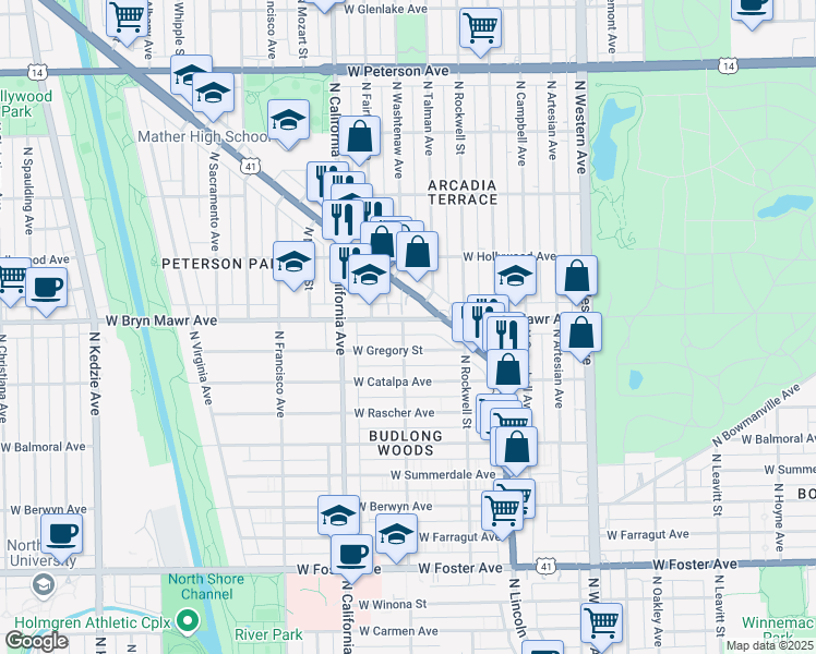 map of restaurants, bars, coffee shops, grocery stores, and more near 5600 North Lincoln Avenue in Chicago