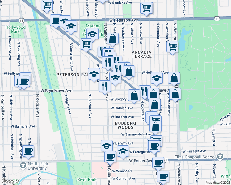 map of restaurants, bars, coffee shops, grocery stores, and more near 2716 West Bryn Mawr Avenue in Chicago